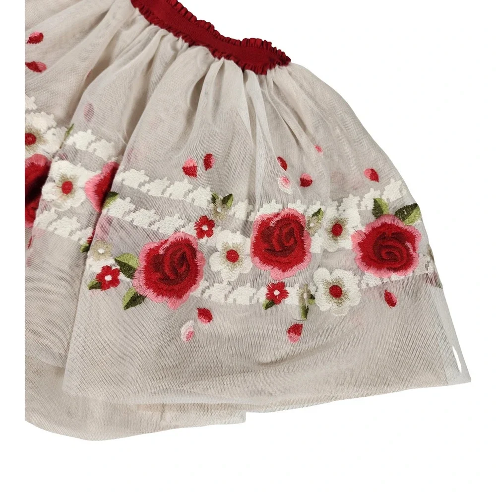 Mayoral Girls Size 8 Cream Tulle Embroidered Rose Floral Tutu Skirt Burgundy Red